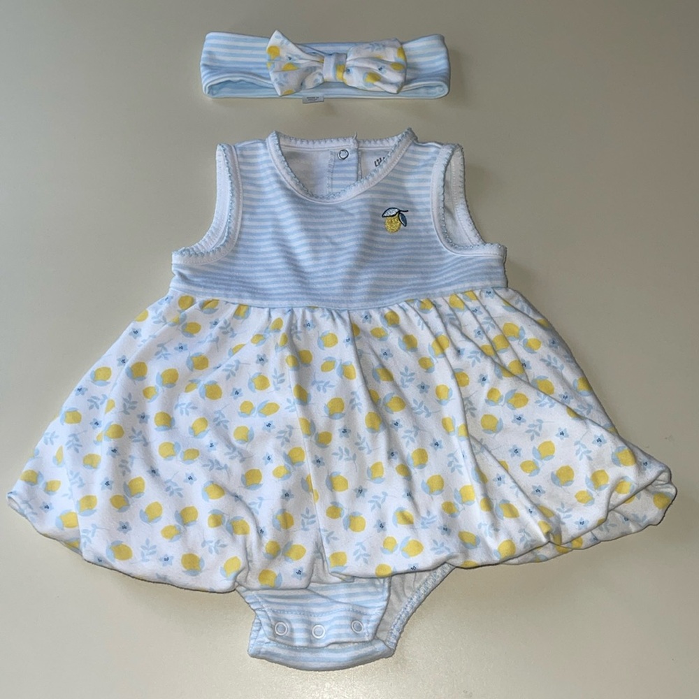 Little Me Cotton Lemon Print Bubble in Blue & White with Headband